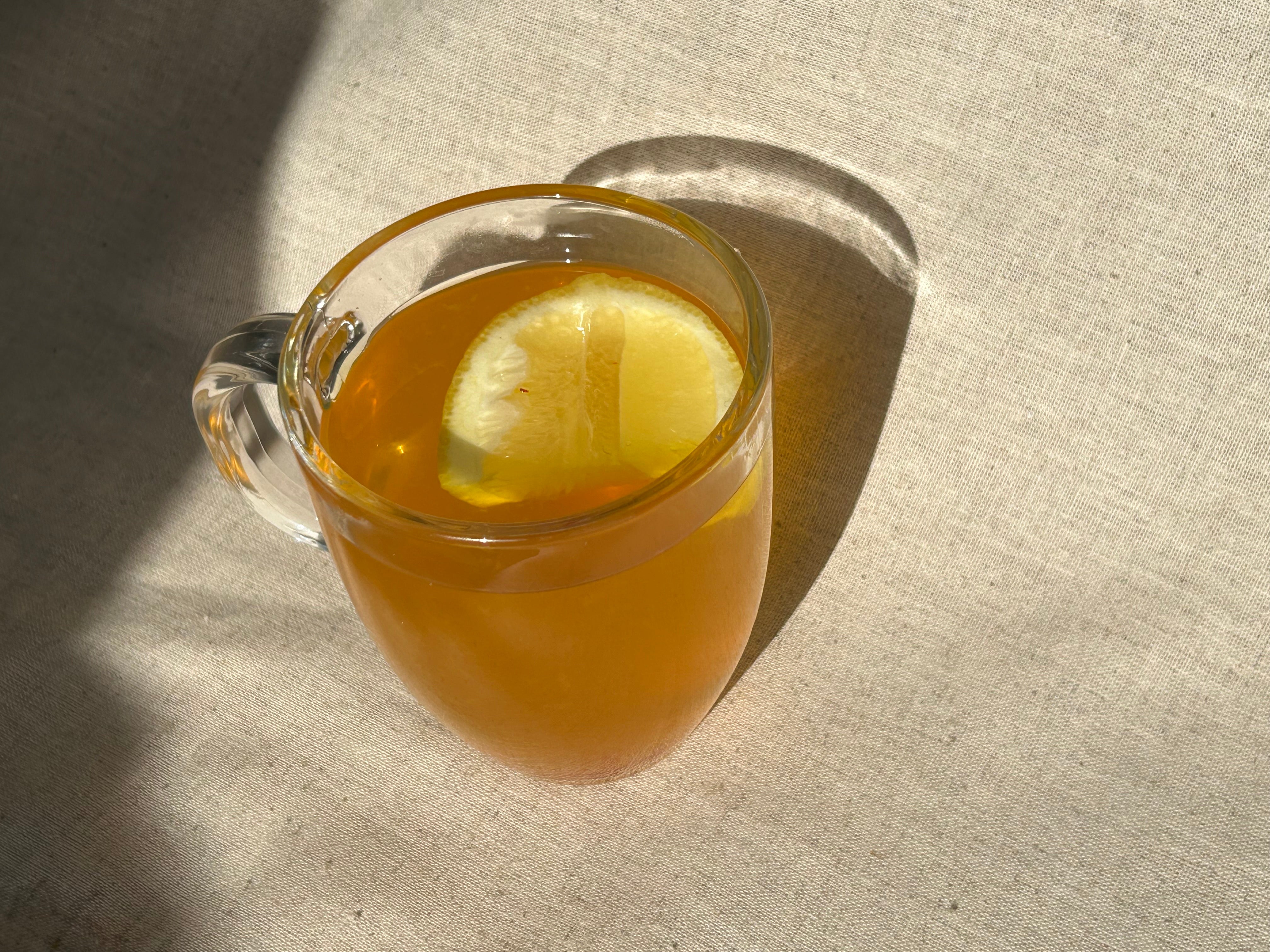 Lemonfair saffron hot toddy with honey, whiskey, lemon, cinnamon