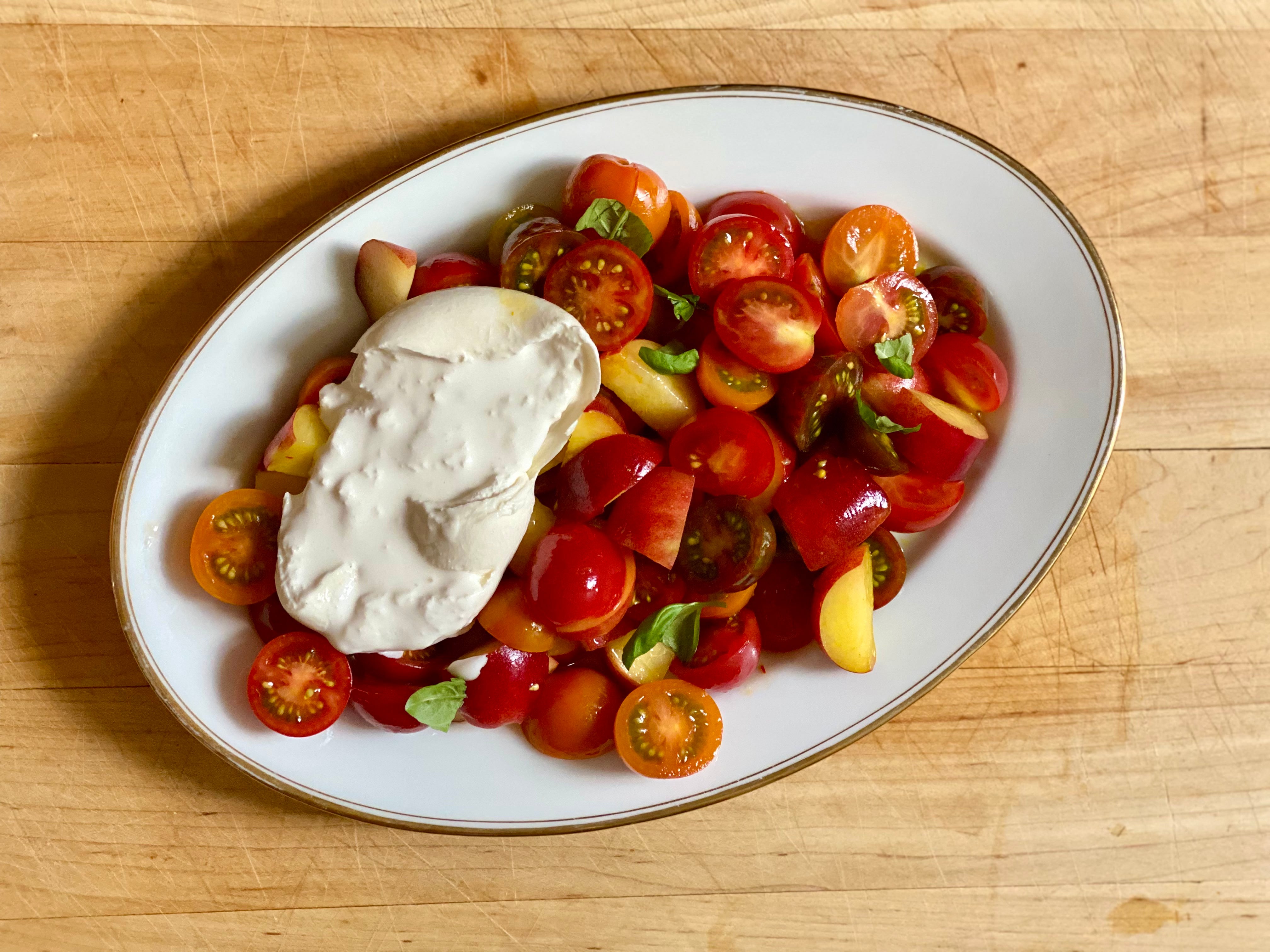 burrata peach tomato summer salad with locally grown saffron vinaigrette