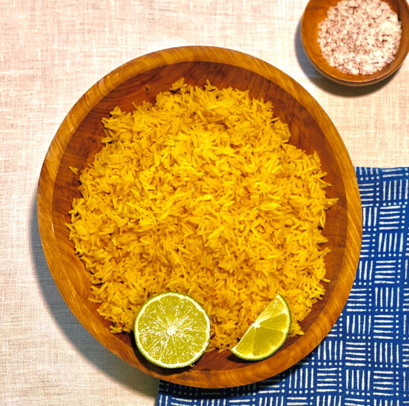 Vermont-grown local saffron rice easy dinner side dish with lime and beautiful yellow coloring